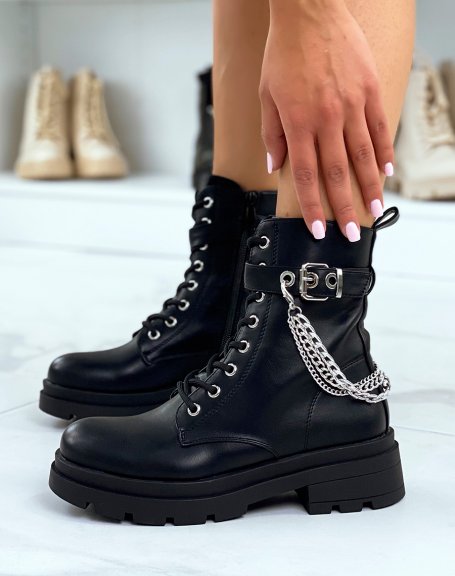 Black ankle boots with silver chain