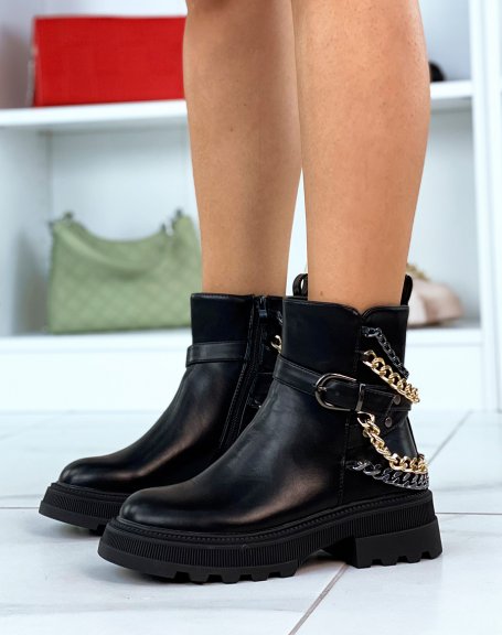 Black ankle boots with strap and gold and black chains