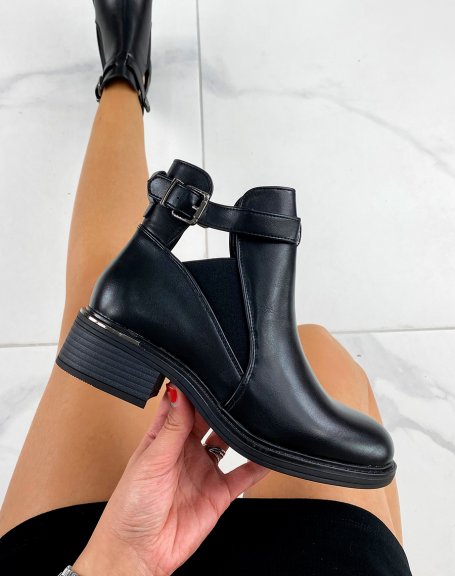 Black ankle boots with strap and gold detail