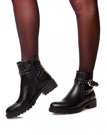 Black ankle boots with strap and studs
