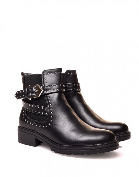 Black ankle boots with strap and studs
