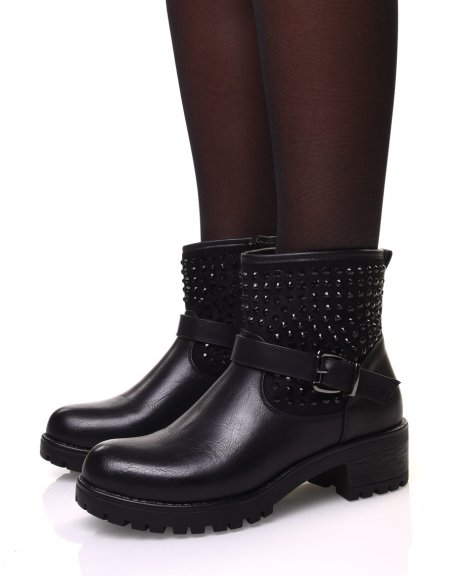 Black ankle boots with straps adorned with small studs
