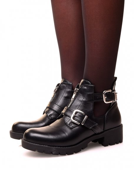 Black ankle boots with straps and a zip