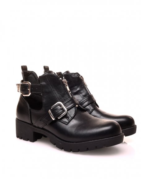 Black ankle boots with straps and a zip