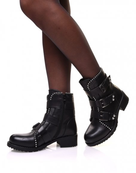 Black ankle boots with straps and studded details