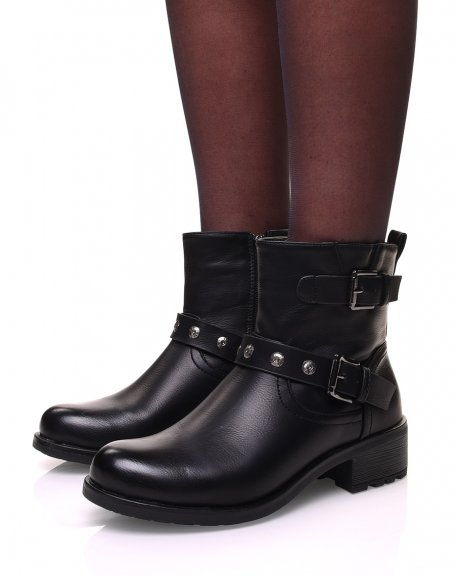 Black ankle boots with straps decorated with studs