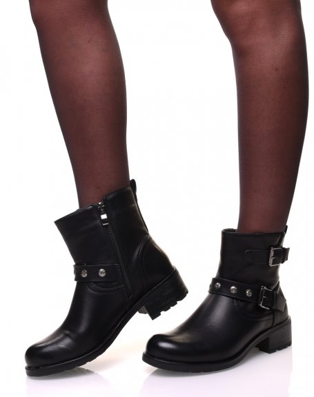 Black ankle boots with straps decorated with studs