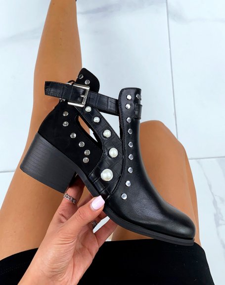 Black ankle boots with studded and beaded open straps