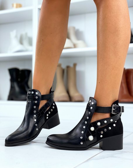Black ankle boots with studded and beaded open straps