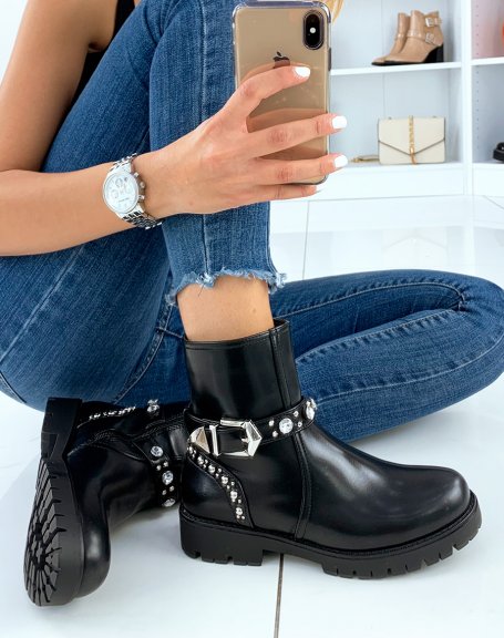 Black ankle boots with studded strap