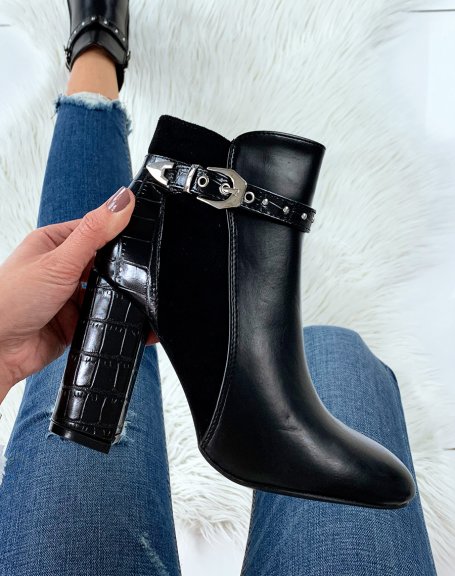 Black ankle boots with triple material heel