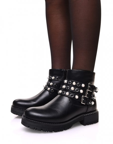 Black ankle boots with white & black beaded straps