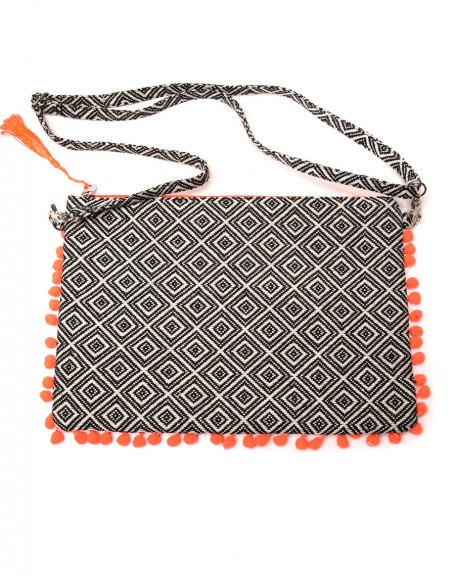 Black Aztec handbag with closure and orange tassels