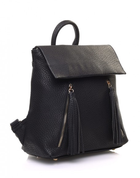 Black backpack with fringe closures