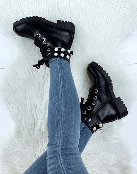 Black beaded ankle boots with ribbon laces