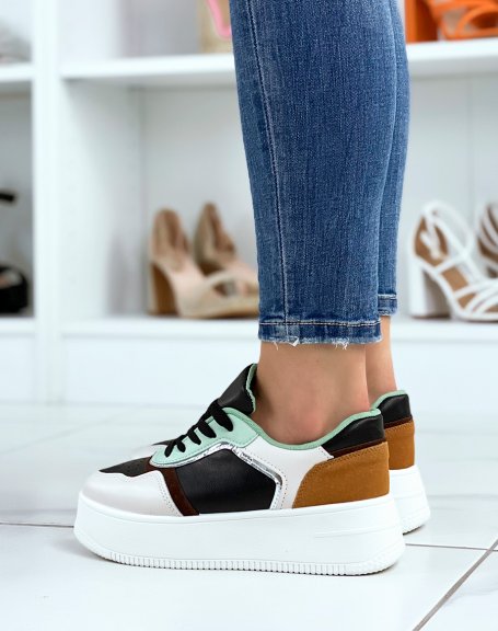 Black, beige, water green and camel sneakers
