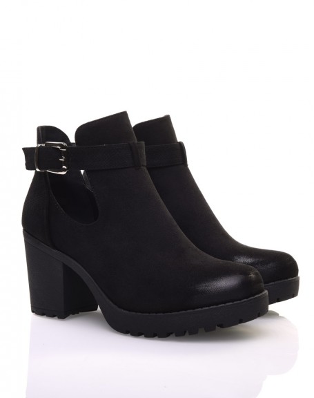 Black bi-material ankle boots