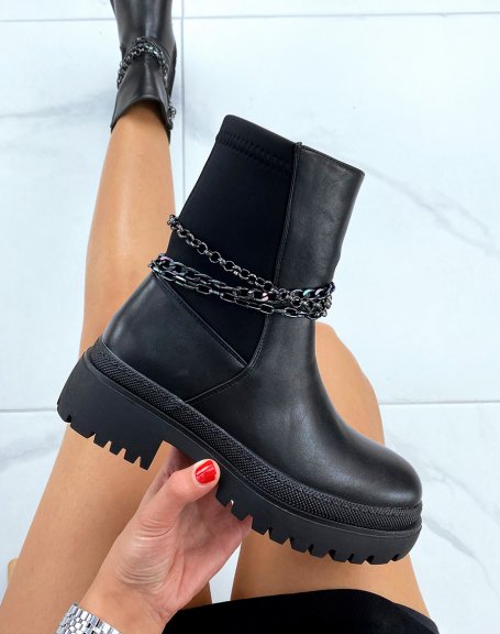 Black bi-material ankle boots adorned with chains
