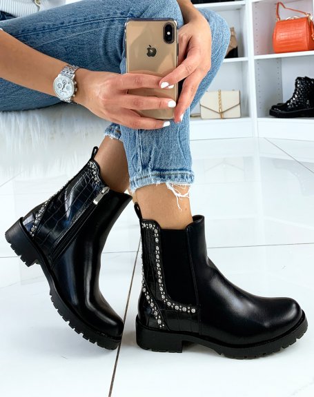 Black bi-material ankle boots adorned with rhinestones