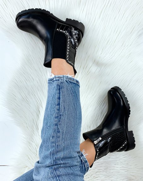 Black bi-material ankle boots adorned with rhinestones