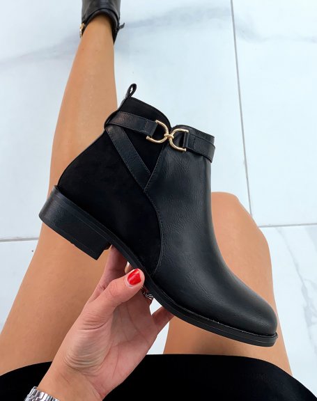 Black bi-material ankle boots in suede with golden buckles