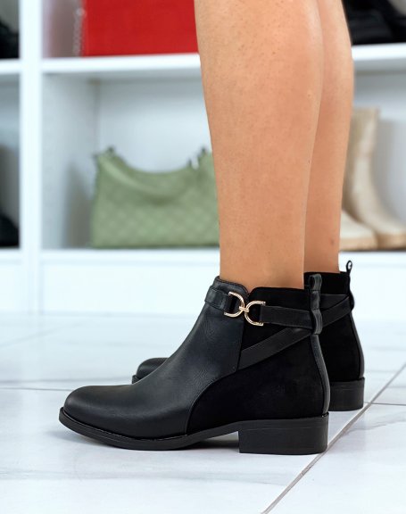 Black bi-material ankle boots in suede with golden buckles