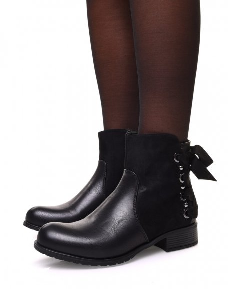 Black bi-material ankle boots with bow