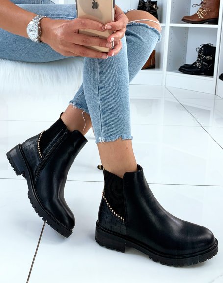 Black bi-material ankle boots with closure and gold stud details