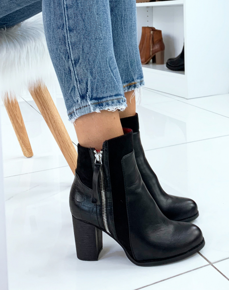 Black bi-material ankle boots with crocodile finish