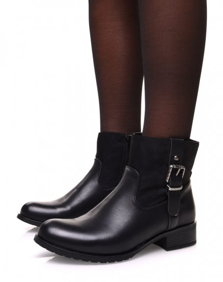 Black bi-material ankle boots with decorative strap on the side