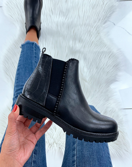 Black bi-material ankle boots with elastic