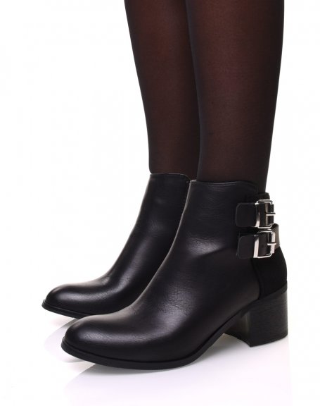 Black bi-material ankle boots with heel