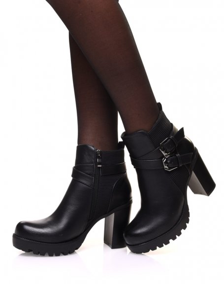 Black bi-material ankle boots with heel and interwoven straps