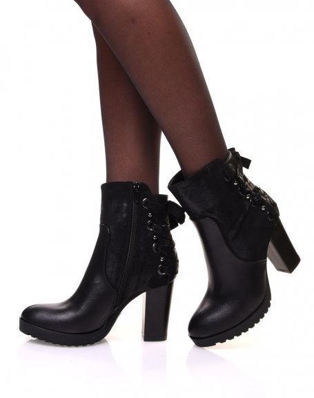 Black bi-material ankle boots with heels and lace at the back
