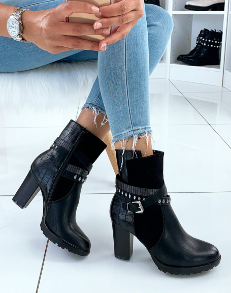 Black bi-material ankle boots with heels and multiple crossed straps