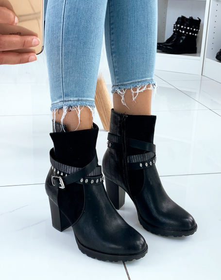 Black bi-material ankle boots with heels and multiple crossed straps