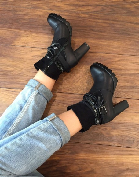 Black bi-material ankle boots with heels and multiple straps