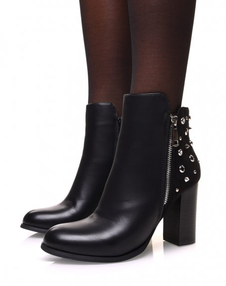 Black bi-material ankle boots with heels and studded details