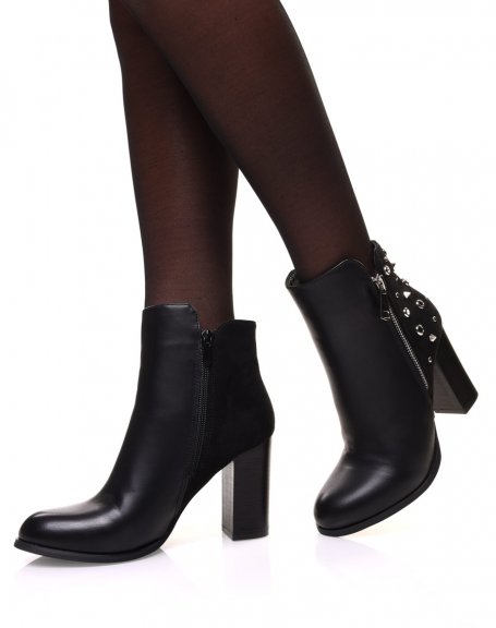 Black bi-material ankle boots with heels and studded details