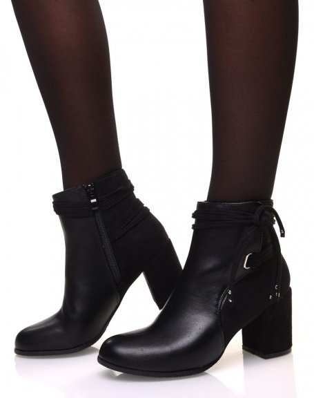Black bi-material ankle boots with heels and tie details
