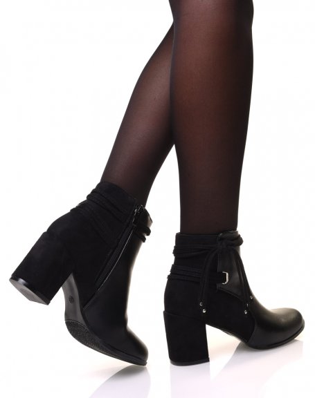 Black bi-material ankle boots with heels and tie details