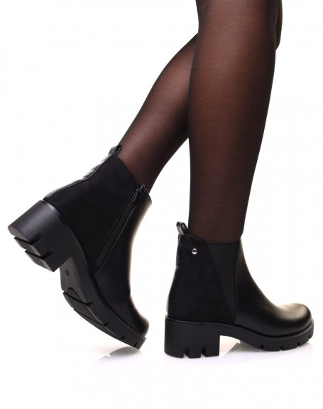 Black bi-material ankle boots with high cut elastic