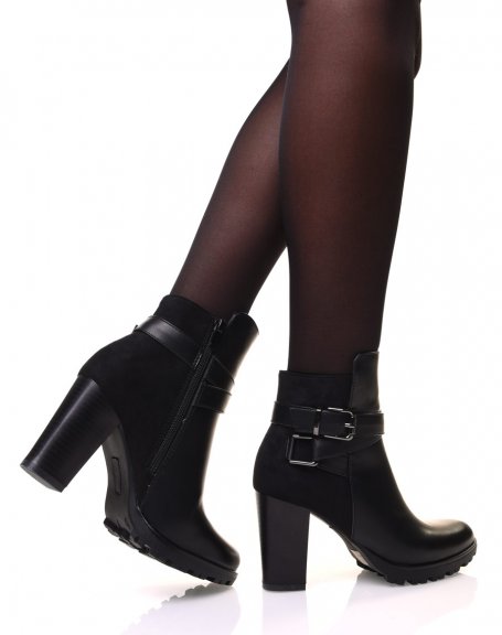 Black bi-material ankle boots with high heel