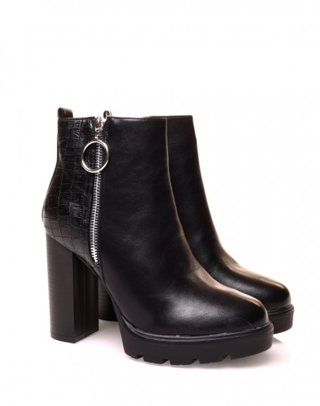 Black bi-material ankle boots with high heels