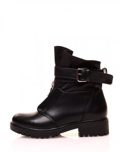 Black bi-material ankle boots with interlaced strap