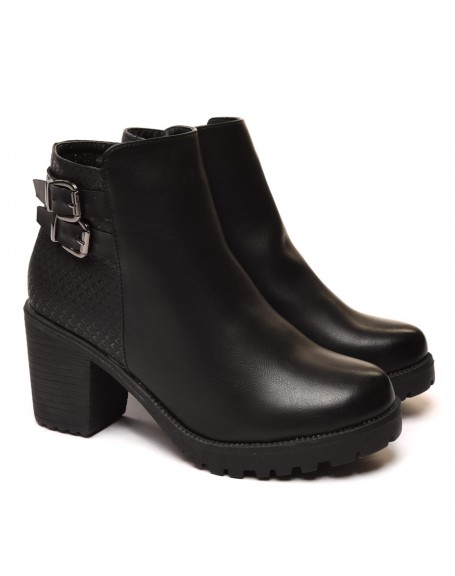 Black bi-material ankle boots with mid high heel