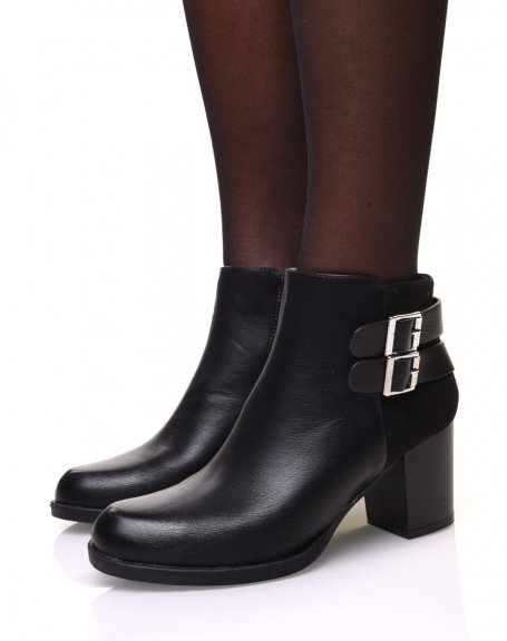 Black bi-material ankle boots with mid high heel
