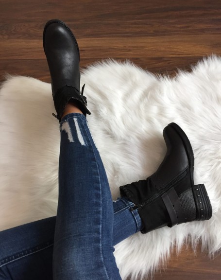 Black bi-material ankle boots with multiple details