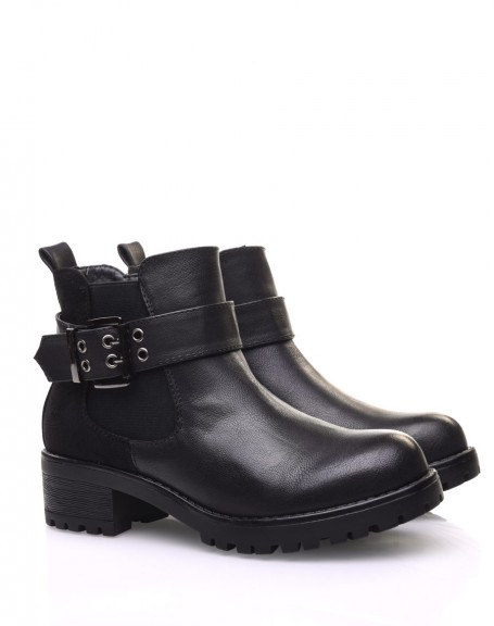 Black bi-material ankle boots with notched sole