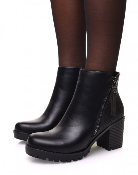 Black bi-material ankle boots with python effect